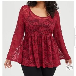 🆕  DEEP RED STRETCH LACE BABYDOLL TOP